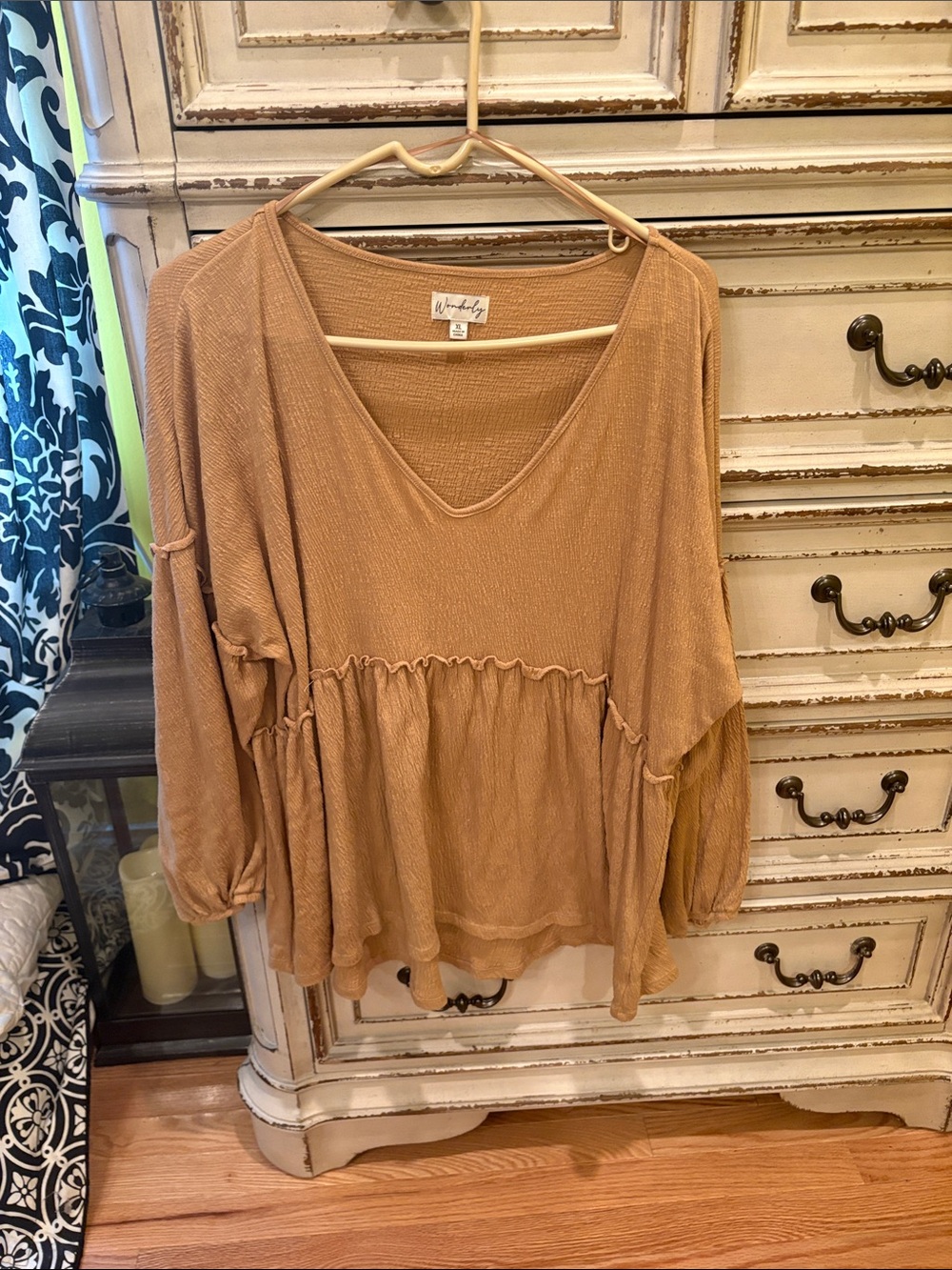 Wonderly Camel Peplum V-Neck Tunic